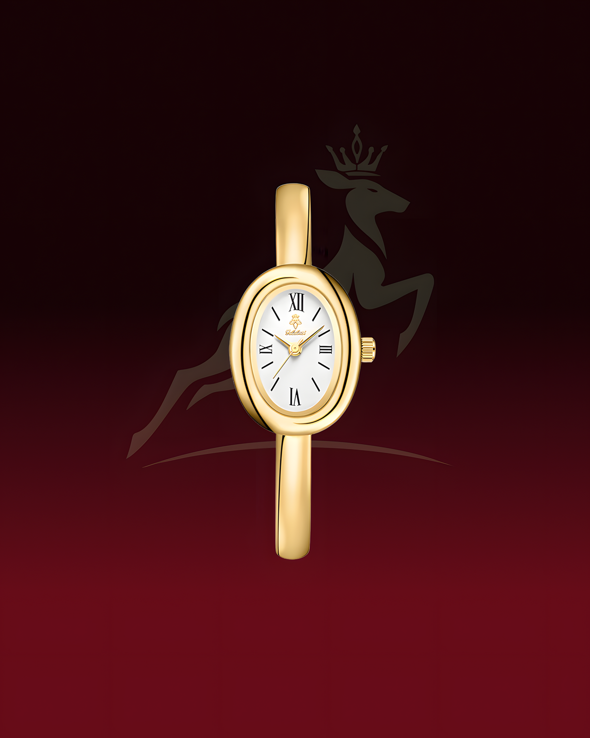 A gold-tone watch with an oval white dial and black Roman numerals, centered against a dark red gradient background with a faint deer crown logo.