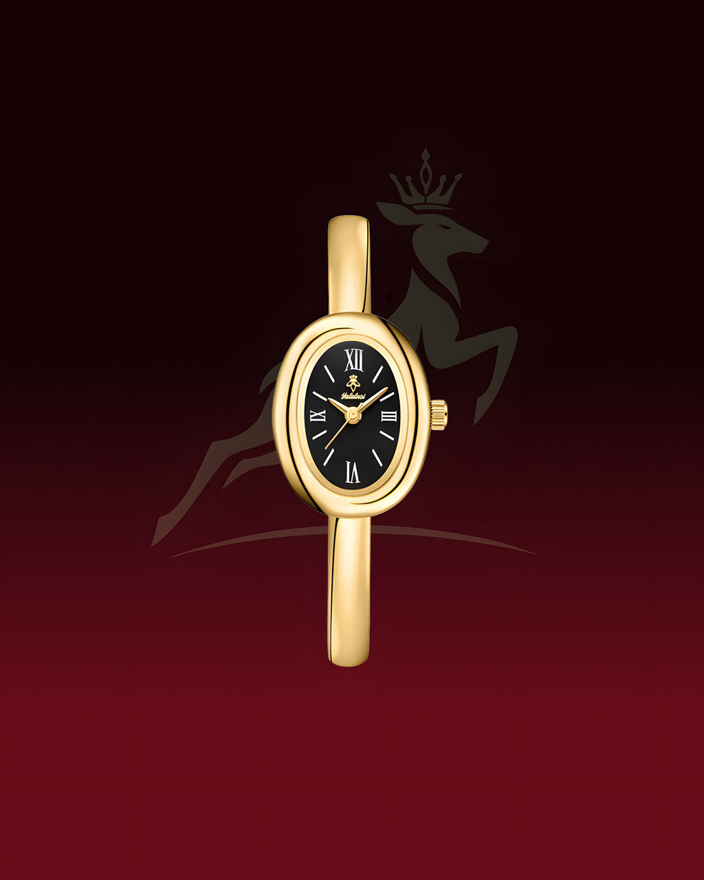 A gold-tone oval watch with a black dial and Roman numeral hour markers, centered against a dark red gradient background with a faint deer logo.