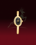 A gold-tone oval watch with a black dial and Roman numeral hour markers, centered against a dark red gradient background with a faint deer logo.