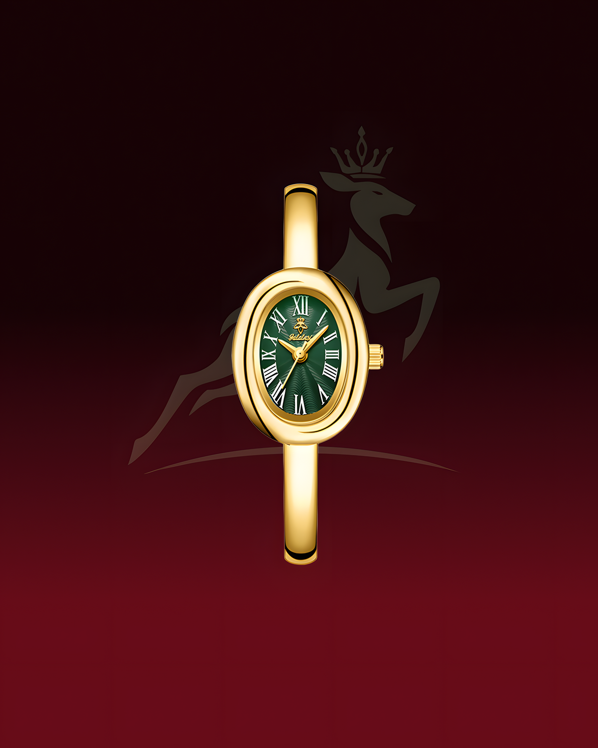 A gold-tone watch with an oval green dial and gold hands, centered on a dark red gradient background with a faint deer crown logo.