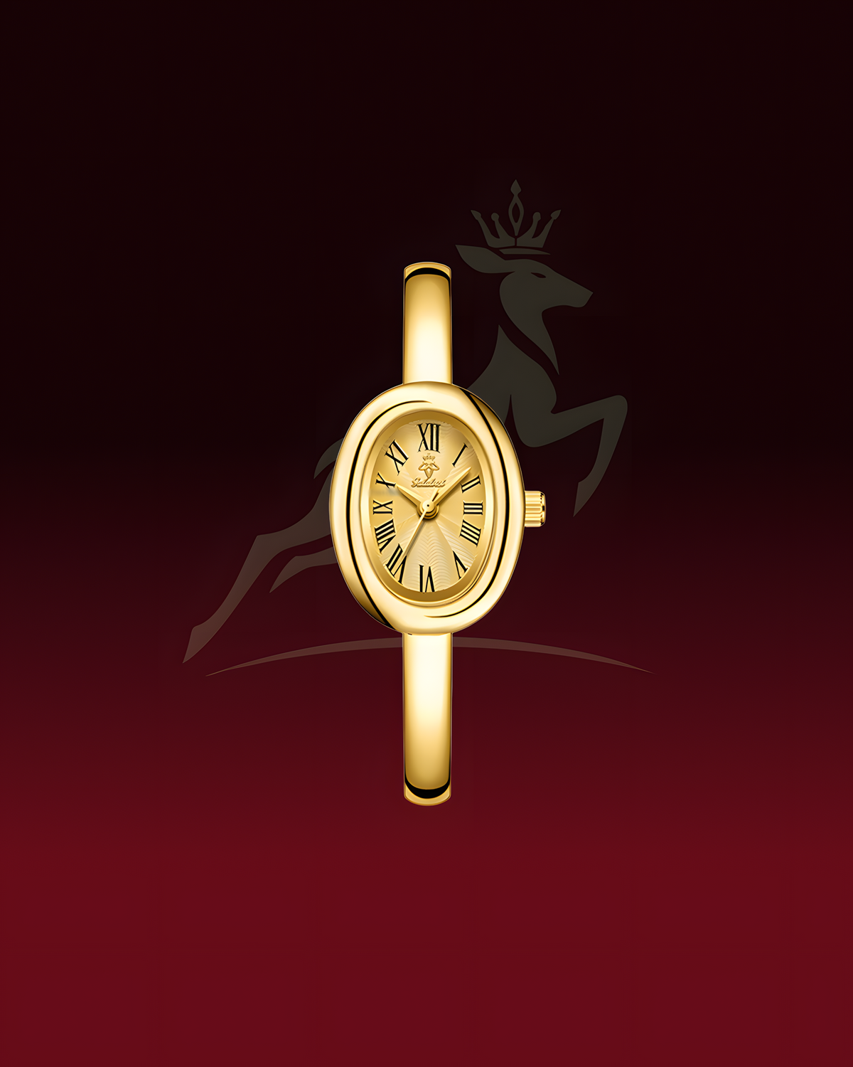 A gold-tone oval wristwatch with a matching gold bracelet, centered on a dark red gradient background with a faint deer silhouette and crown logo behind it.