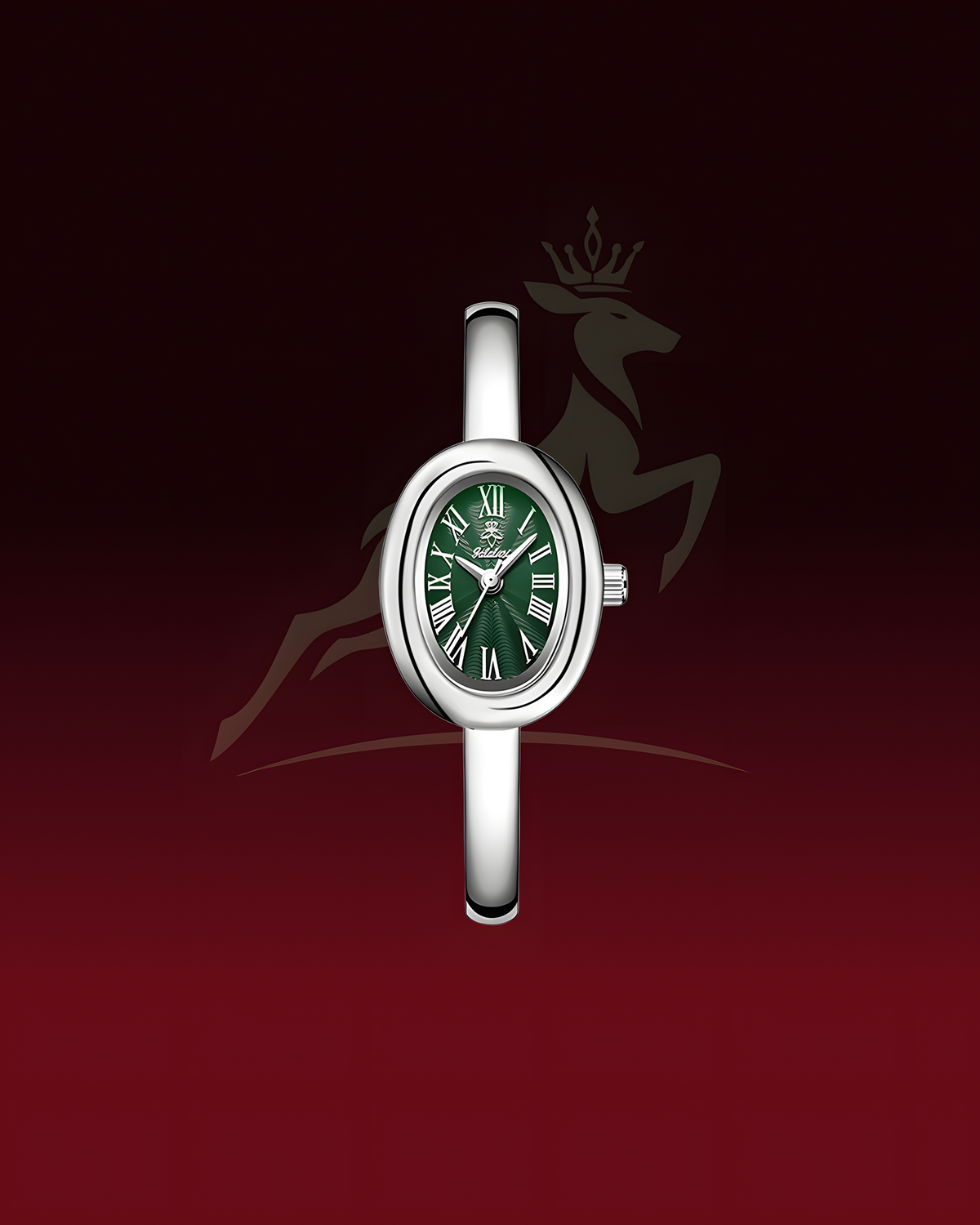 A women's oval watch with a silver-tone case and a dark green dial, centered against a dark red gradient background with a faint deer logo.