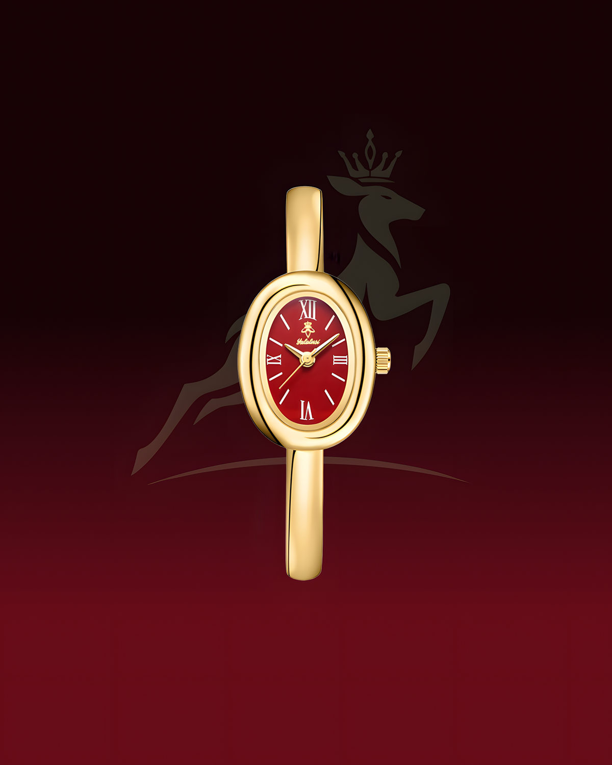 A gold-tone oval watch with a deep red dial and Roman numeral hour markers, shown against a dark red gradient background with a faint deer logo behind it.