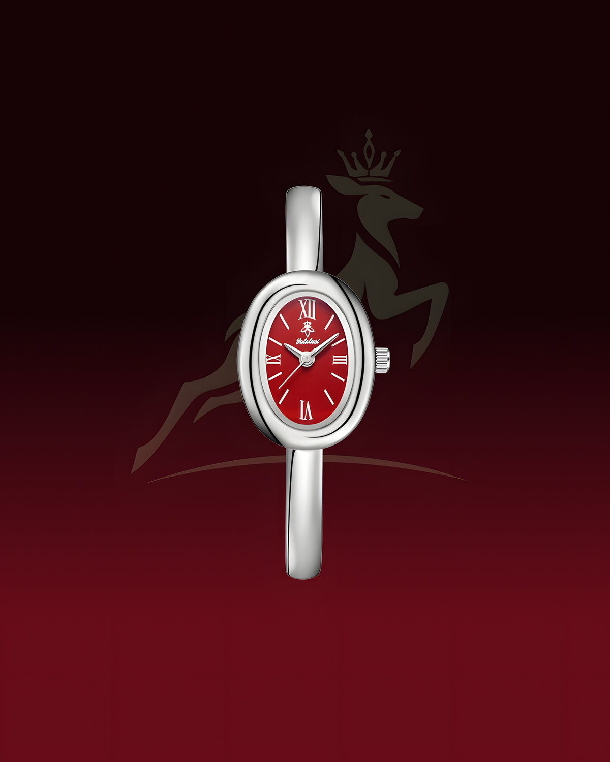 A silver-tone oval watch with a vibrant red dial and Roman numeral hour markers, centered against a dark red gradient background with a subtle horse logo.