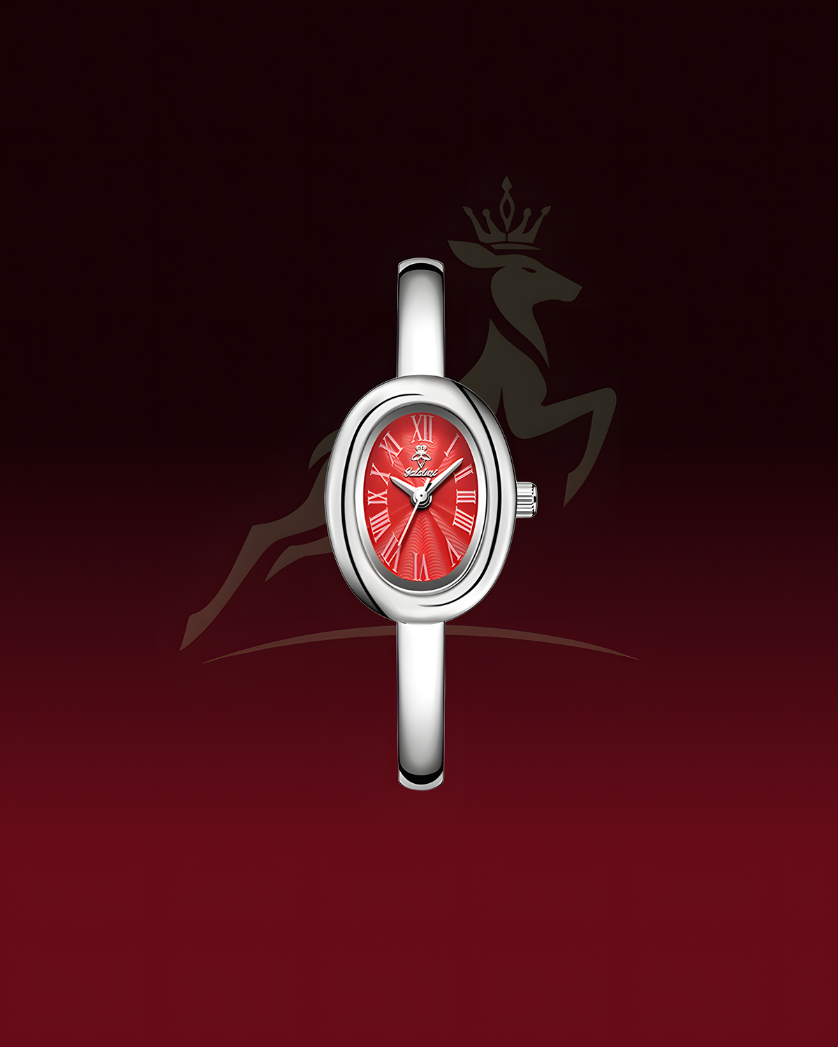 A women's oval watch with a silver-tone case and band, featuring a vibrant red dial with Roman numerals, centered against a dark red gradient background with a subtle deer logo.