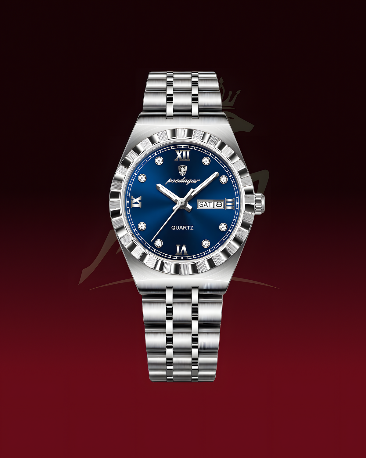 A silver stainless steel wristwatch with a blue dial and date window, centered on a dark red gradient background.