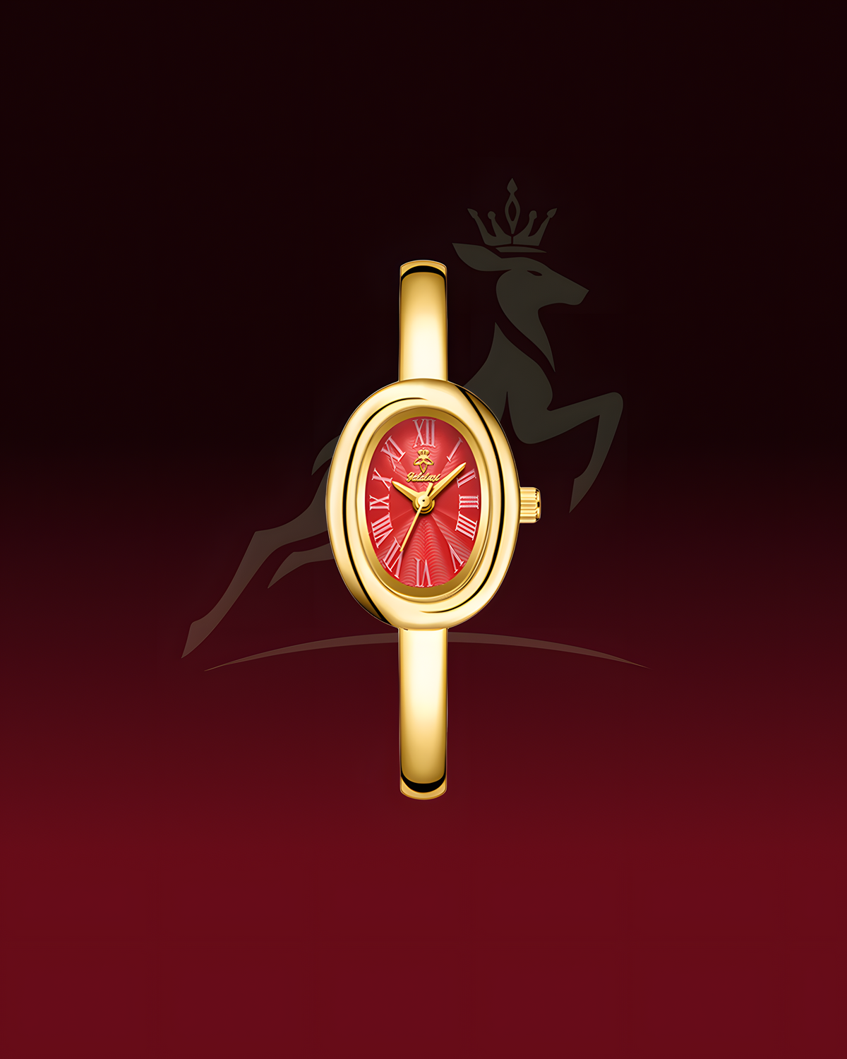 A gold-tone watch with an oval red dial and gold bezel, centered on a dark red gradient background with a faint deer silhouette and crown logo behind it.