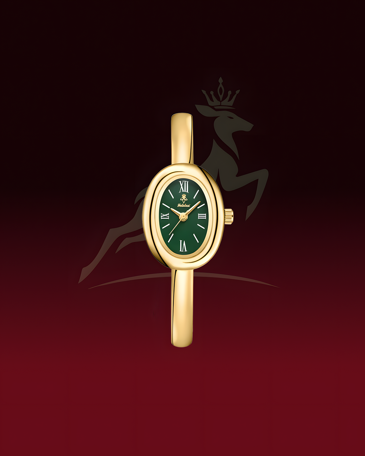 A gold-tone oval watch with a dark green dial and Roman numeral hour markers, centered against a dark red gradient background with a faint deer crown logo.