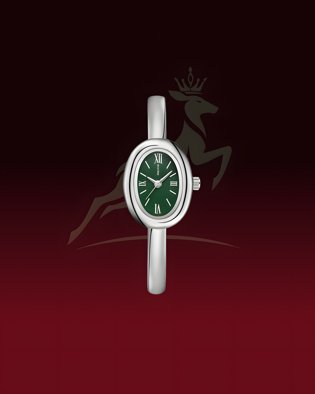 A silver-tone oval watch with a dark green dial and Roman numeral hour markers, centered against a dark red gradient background with a faint deer logo behind it.