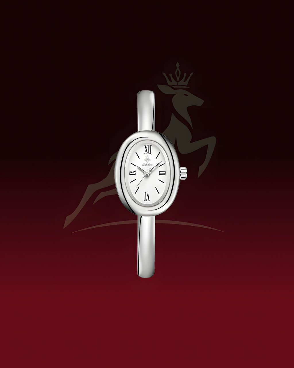 A silver oval watch with a white dial and Roman numeral hour markers, centered against a dark red gradient background with a faint deer logo behind it.