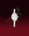 A silver oval watch with a white dial and Roman numeral hour markers, centered against a dark red gradient background with a faint deer logo behind it.