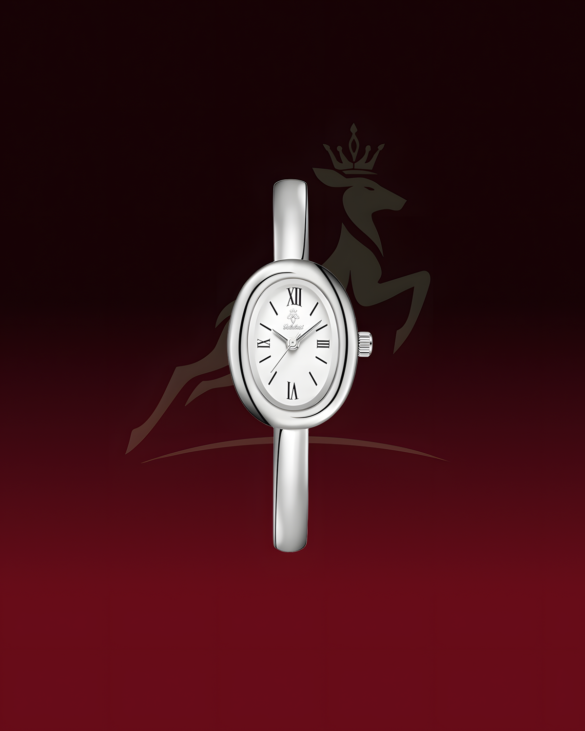 A silver oval watch with a white dial and Roman numeral hour markers, centered against a dark red gradient background with a faint deer logo behind it.