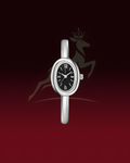 A silver oval watch with a black dial and Roman numeral hour markers, centered against a dark red gradient background with a faint deer logo.