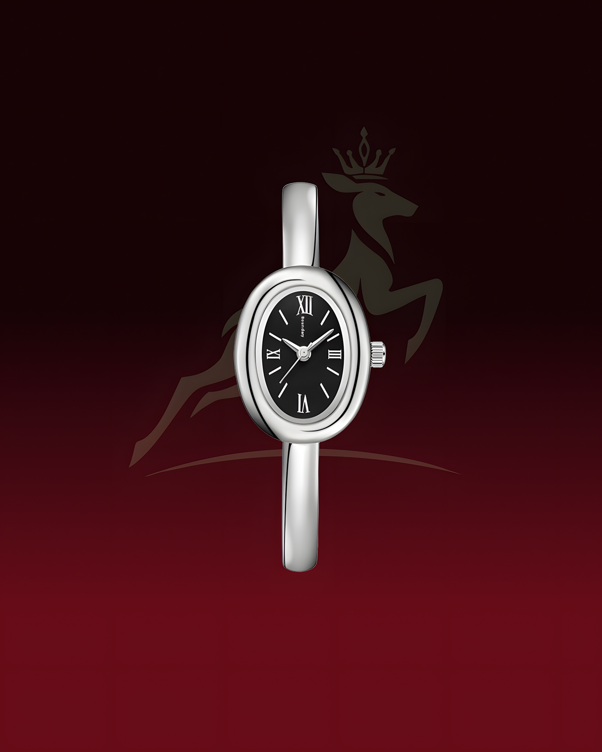 A silver oval watch with a black dial and Roman numeral hour markers, centered against a dark red gradient background with a faint deer logo.
