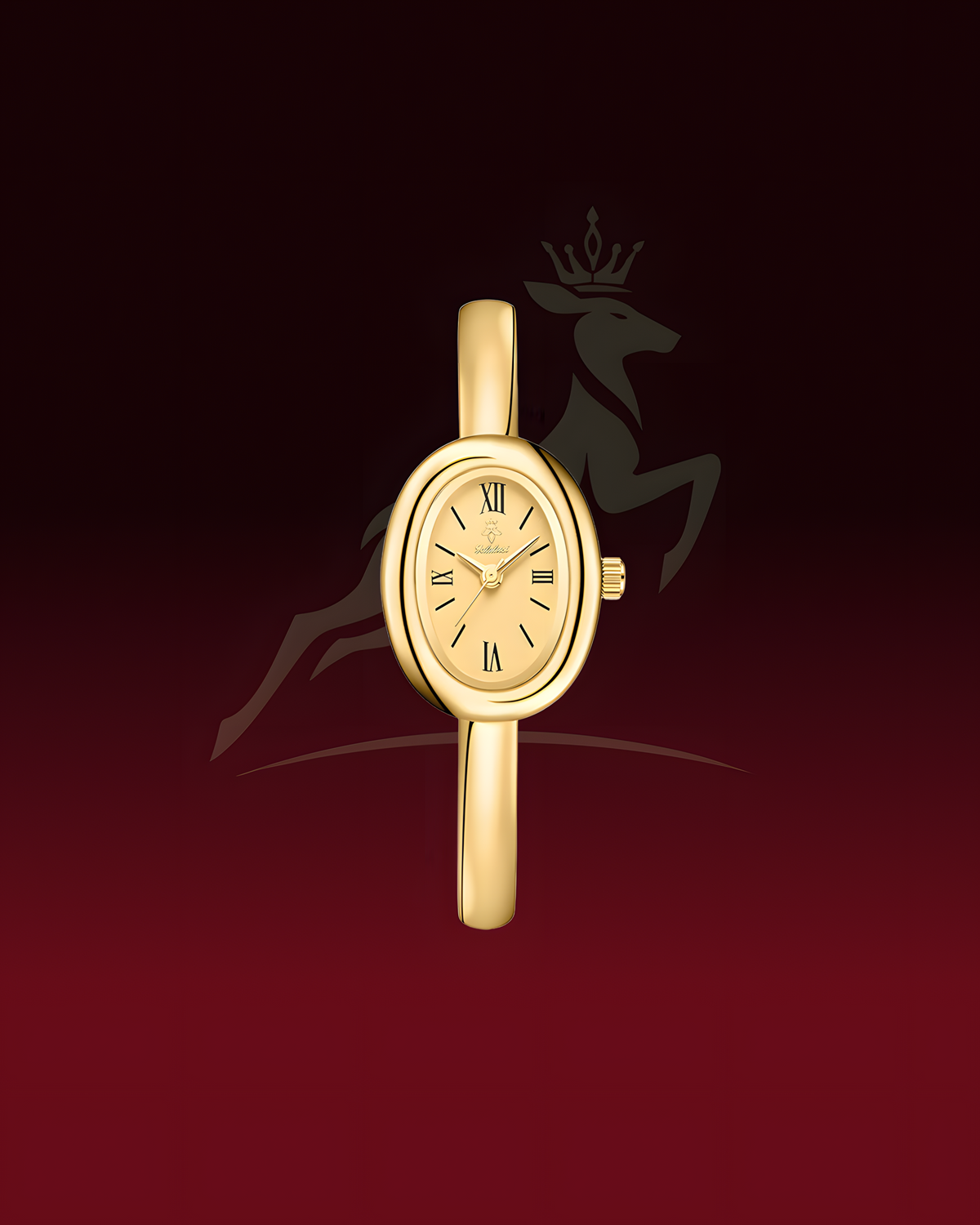 A gold oval watch with a matching gold bangle strap, centered against a dark red and black gradient background with a faint deer logo.