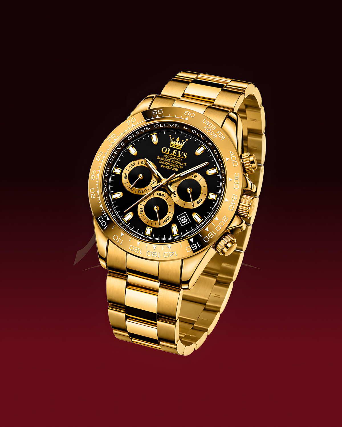 A luxury gold-tone watch with a black dial, gold chronograph subdials, and a gold metal link bracelet, shown against a dark red gradient background.