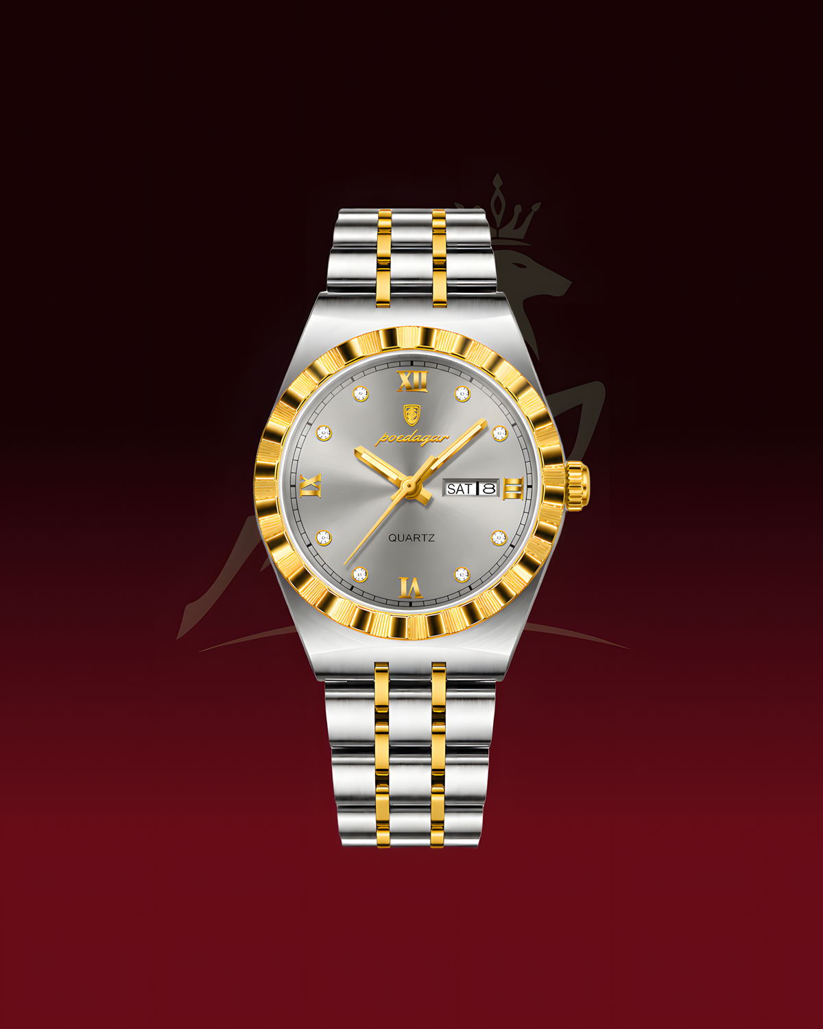 A wristwatch with a two-tone silver and gold stainless steel bracelet, a gold fluted bezel, and a silver dial with gold hands and markers. The brand name 'JWUO' is visible on the dial.