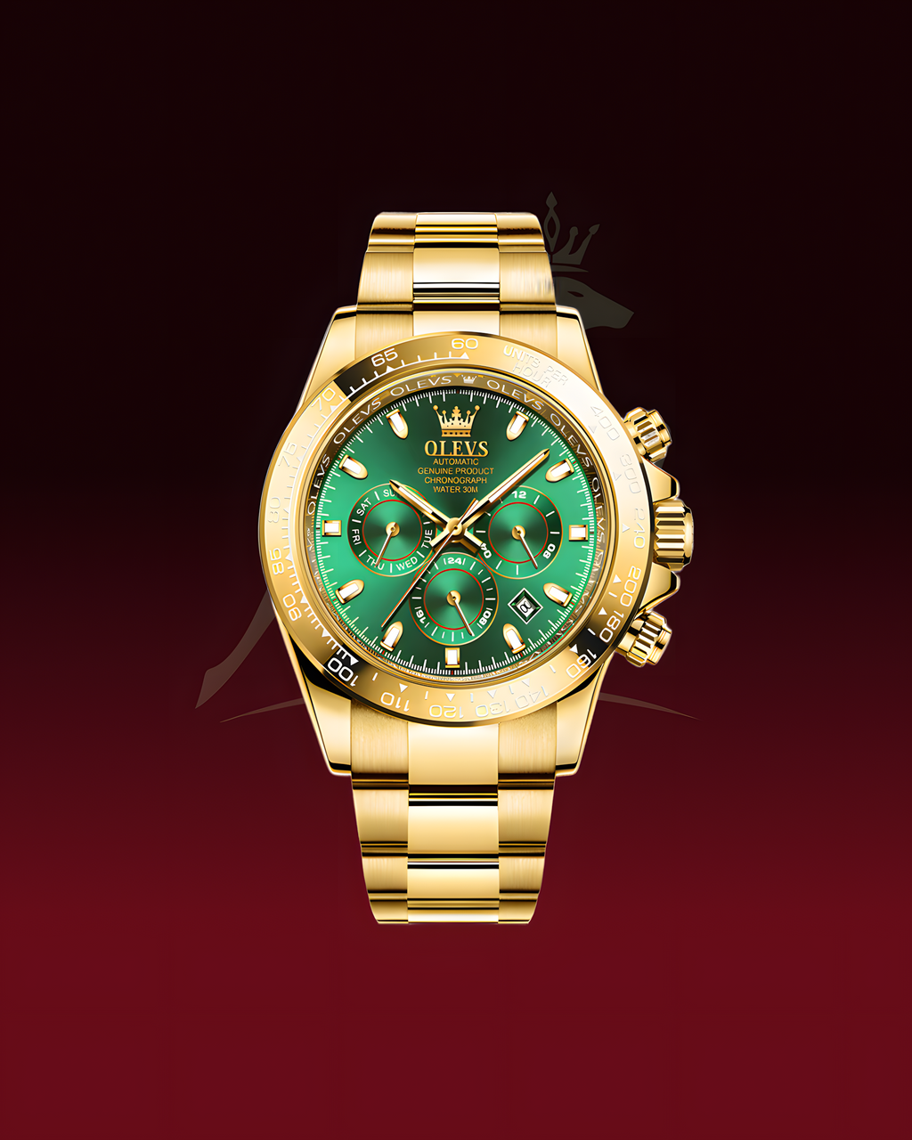 A luxury gold-tone wristwatch with a vibrant green dial and matching green subdials, featuring a gold-tone integrated bracelet and bezel, set against a dark red gradient background.