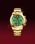 A luxury gold-tone wristwatch with a vibrant green dial and matching green subdials, featuring a gold-tone integrated bracelet and bezel, set against a dark red gradient background.