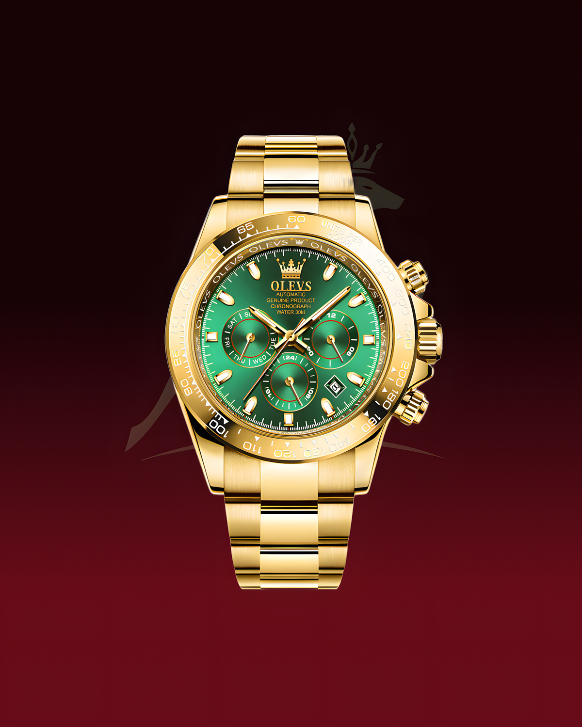 A luxury gold-tone wristwatch with a vibrant green dial and matching green subdials, featuring a gold-tone integrated bracelet and bezel, set against a dark red gradient background.