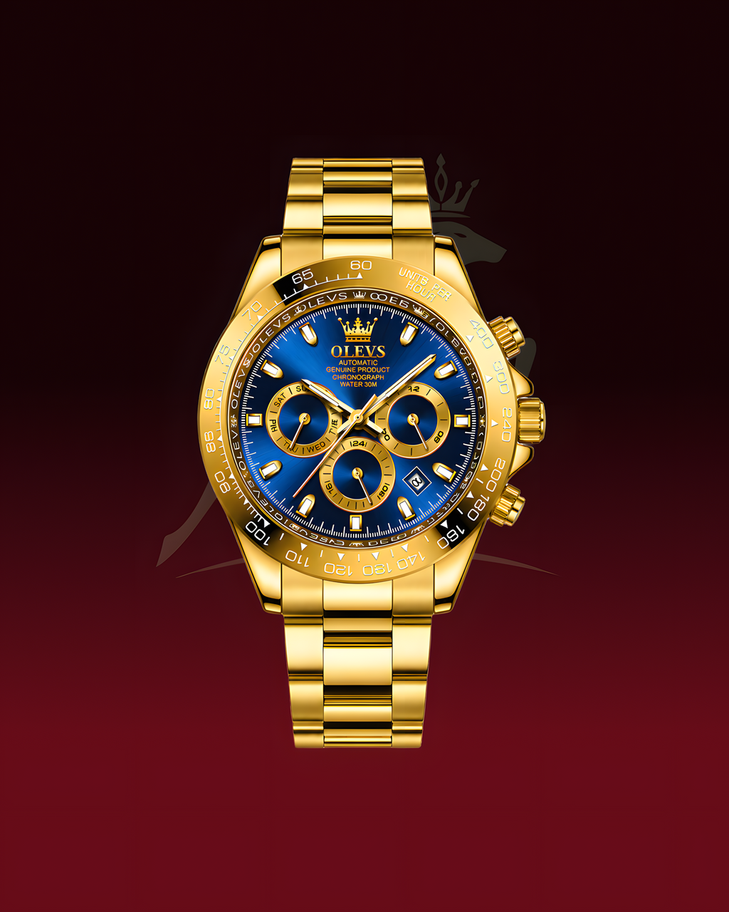 A gold-tone Rolex Daytona watch with a vibrant blue dial and matching blue bezel, centered against a dark red gradient background.