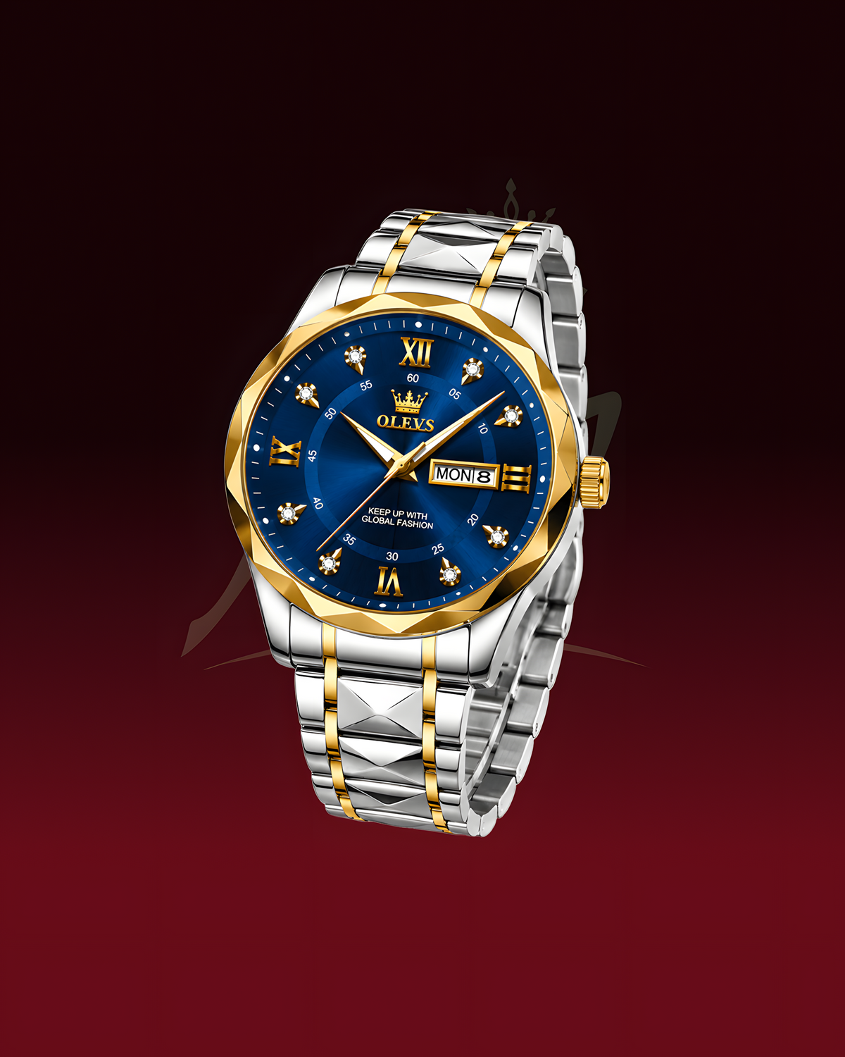 Rolex Datejust watch with a two-tone silver and gold stainless steel case and bracelet, featuring a blue dial with gold Roman numerals and star-shaped hour markers, set against a dark red gradient background.