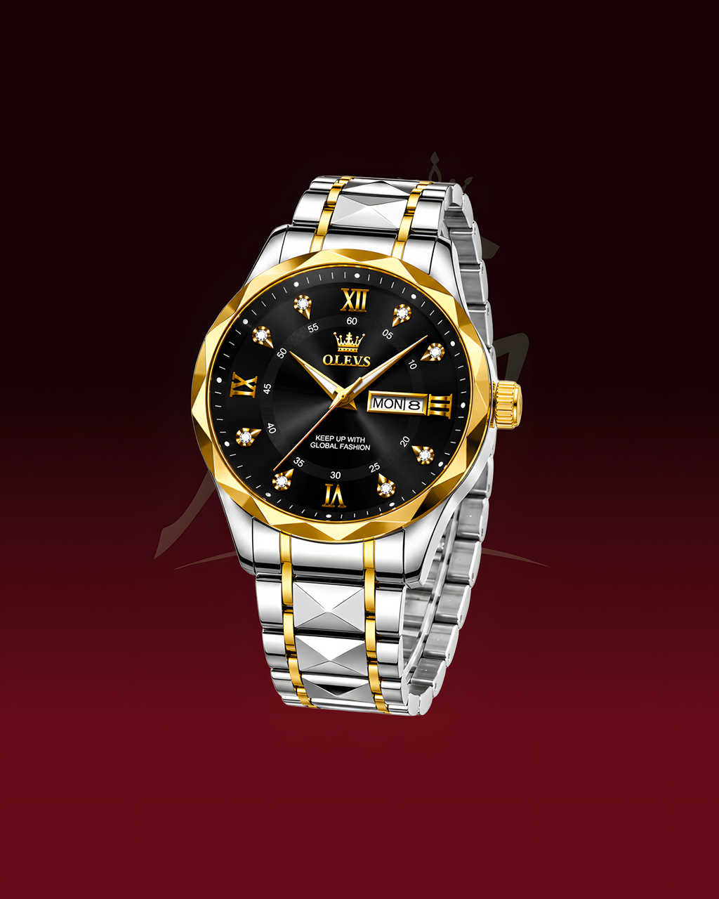 A two-tone stainless steel and gold Olexa watch with a black dial, crystal diamond hour markers, and a date window, shown against a dark red gradient background.