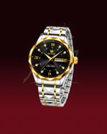 A two-tone stainless steel and gold Olexa watch with a black dial, crystal diamond hour markers, and a date window, shown against a dark red gradient background.