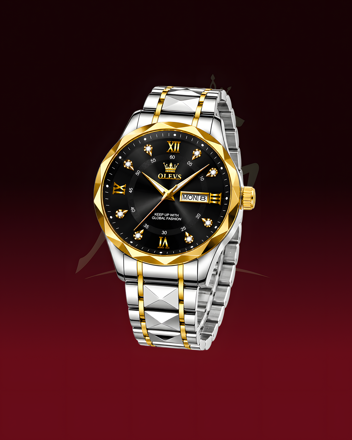 A two-tone stainless steel and gold Olexa watch with a black dial, crystal diamond hour markers, and a date window, shown against a dark red gradient background.
