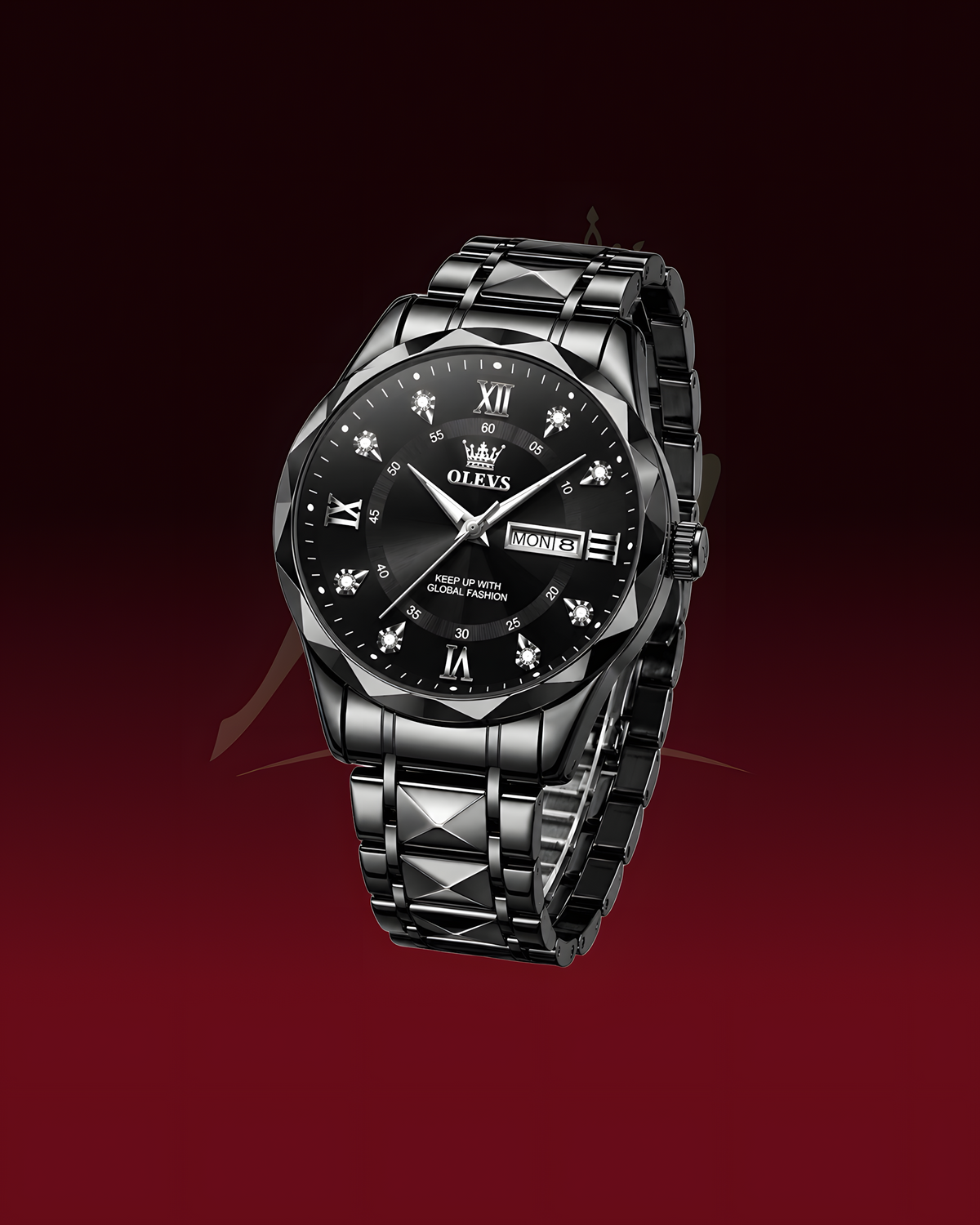 A black stainless steel wristwatch with a matching black link bracelet, featuring a black dial with silver-tone Roman numerals and a date window at 3 o'clock, shown against a dark red gradient background.