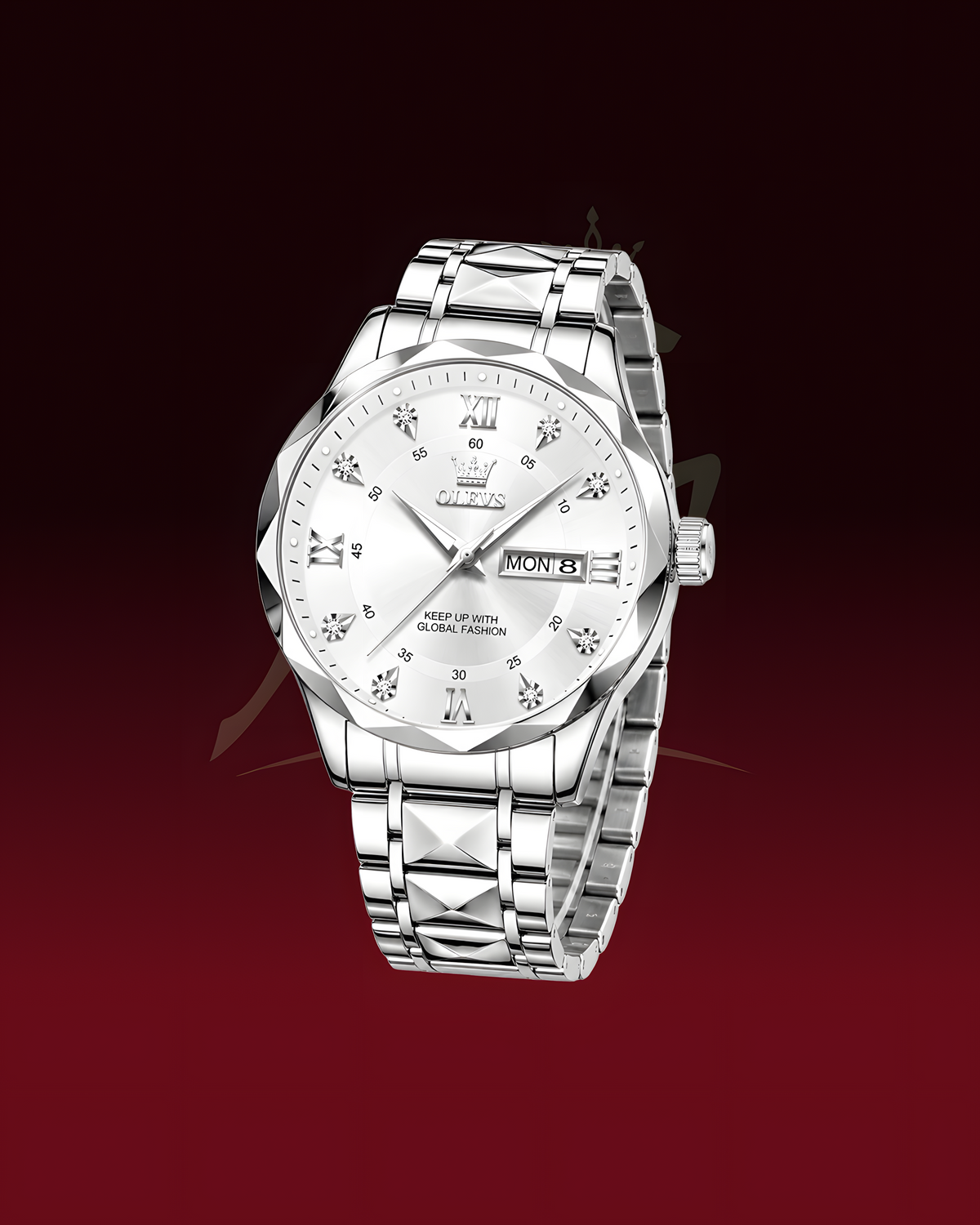 A silver-tone stainless steel wristwatch with a white dial, featuring a multi-faceted bezel, diamond-like hour markers, and a matching link bracelet, shown against a dark red gradient background.