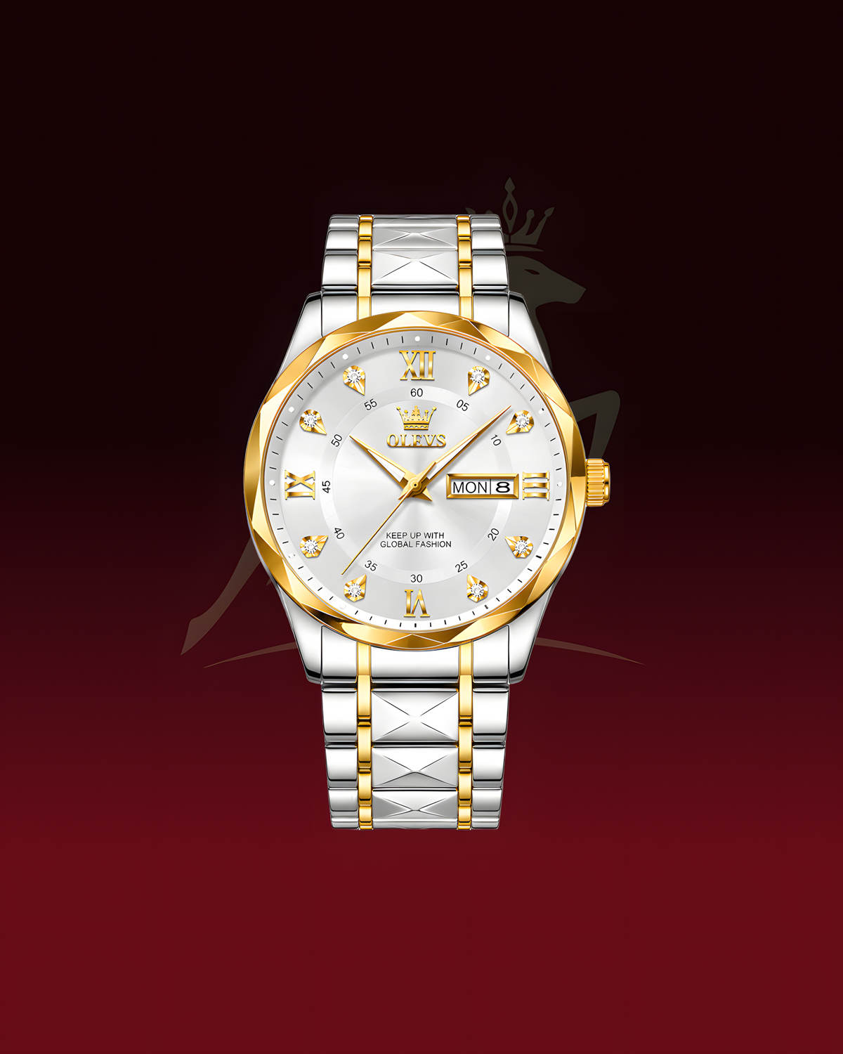 A two-tone stainless steel and gold wristwatch with a white dial, gold-tone hour markers and hands, and a date window at 3 o'clock, shown against a dark red gradient background.