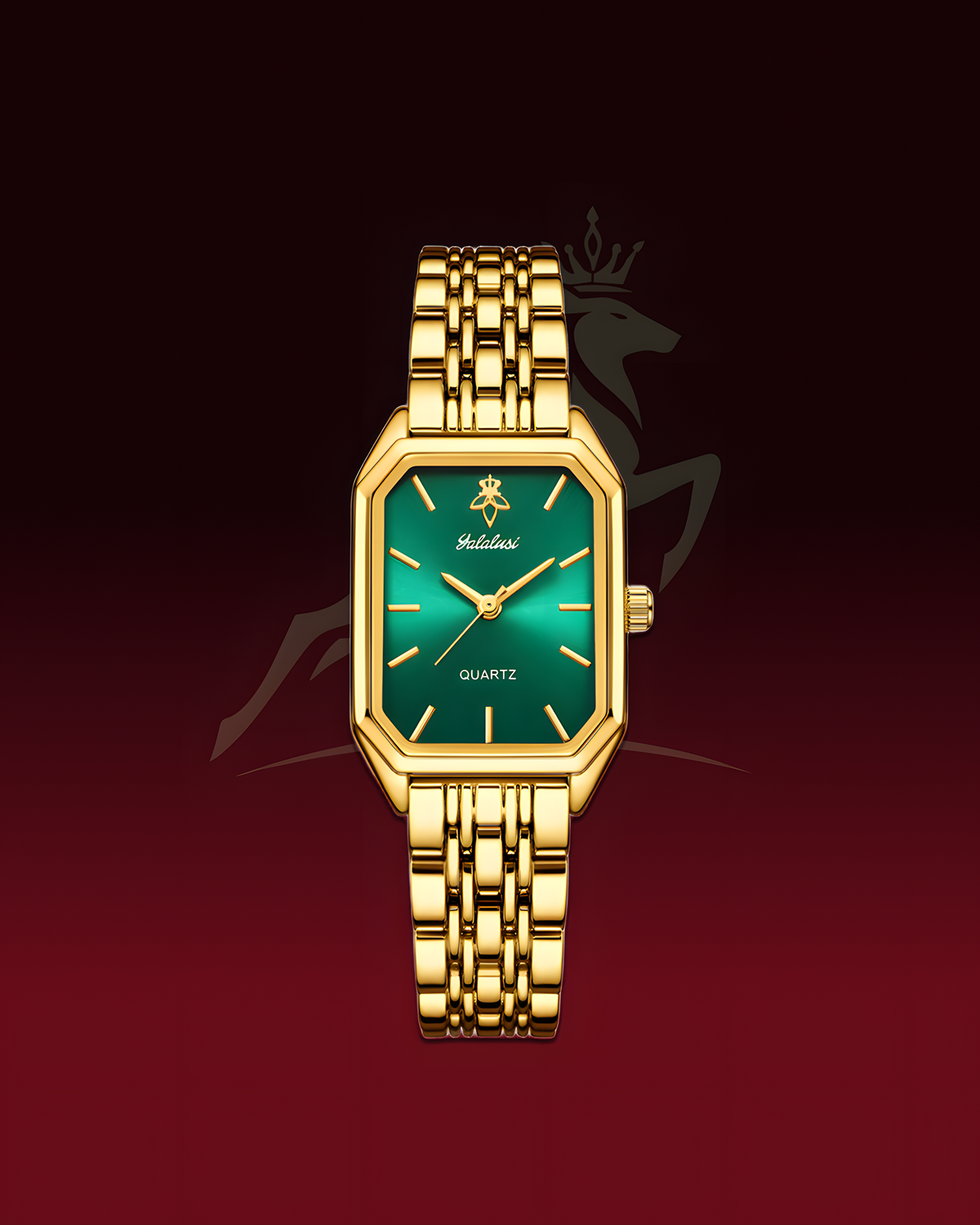 A gold-tone metal wristwatch with an octagonal green dial and matching green face, shown centered on a dark red gradient background. The brand name 'Hedley' is visible on the dial.
