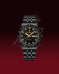 A black stainless steel wristwatch with a matching link bracelet, featuring a black dial with gold-tone hands, Roman numeral hour markers, and a date window at 3 o'clock. The brand name 'pedigree' is visible on the dial.