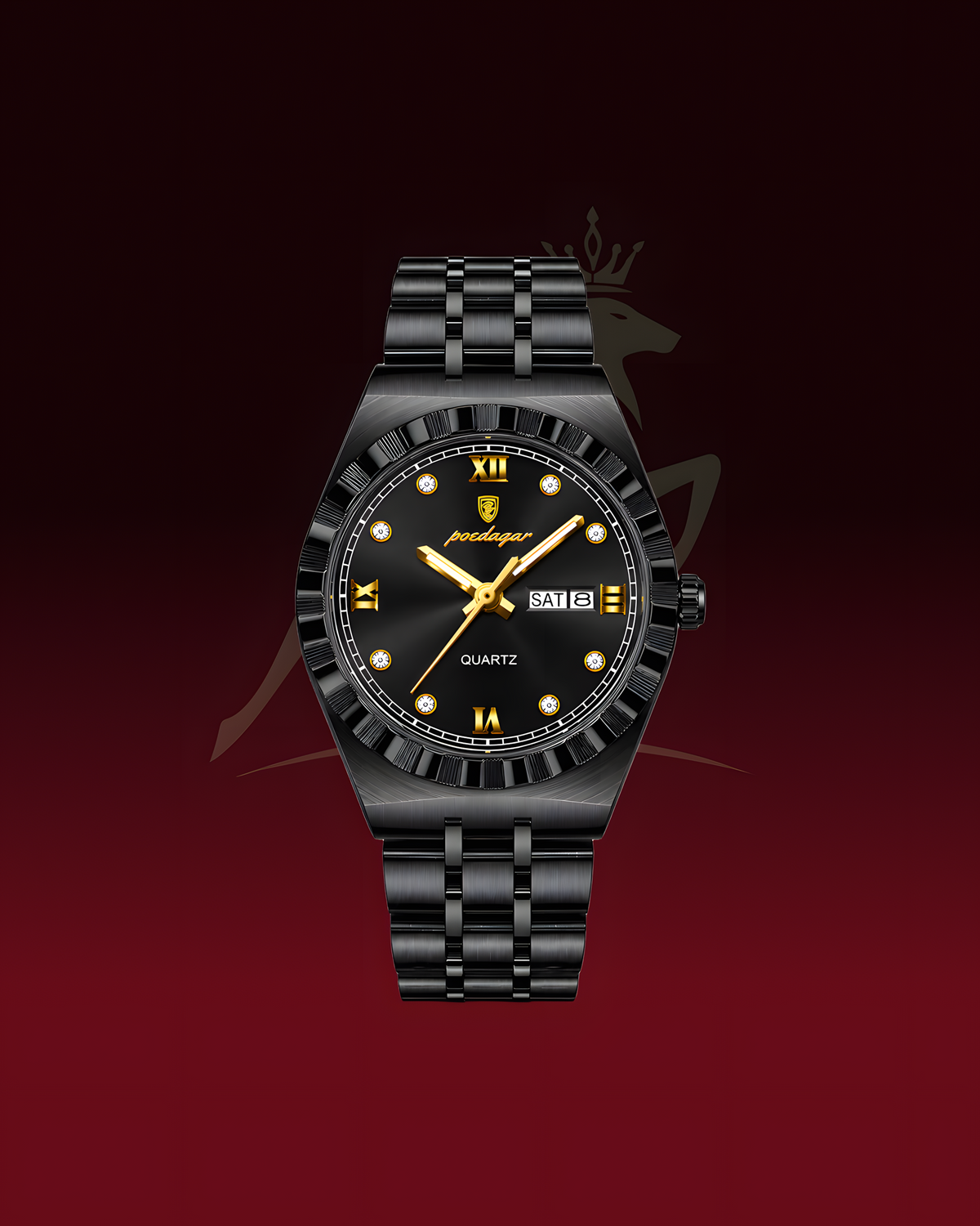 A black stainless steel wristwatch with a matching link bracelet, featuring a black dial with gold-tone hands, Roman numeral hour markers, and a date window at 3 o'clock. The brand name 'pedigree' is visible on the dial.