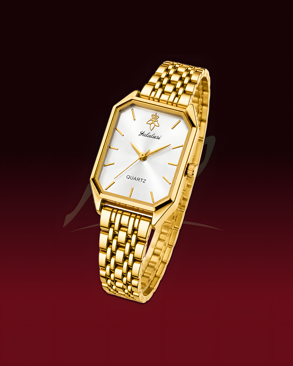 A gold-tone rectangular quartz watch with a white dial and matching gold-tone link bracelet, shown floating against a dark red gradient background. The brand name 'Yalalavi' is visible on the dial.