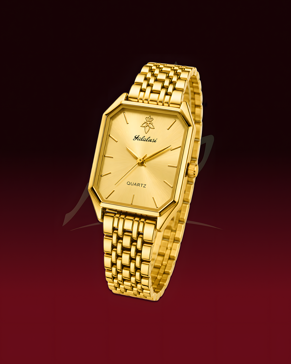 A gold-tone stainless steel watch with an octagonal bezel, matching gold dial, and integrated link bracelet, shown against a dark red gradient background.