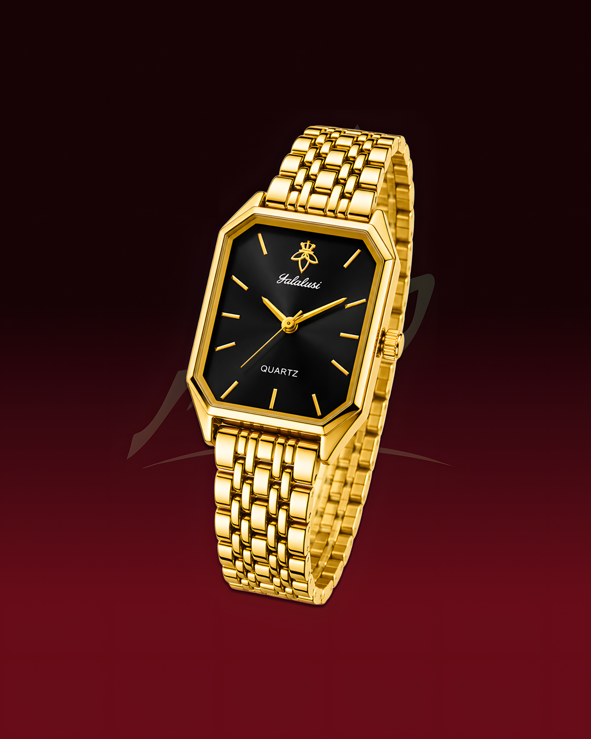 A gold-tone rectangular analog watch with a black dial and matching gold-tone metal link bracelet, shown floating against a dark red gradient background.