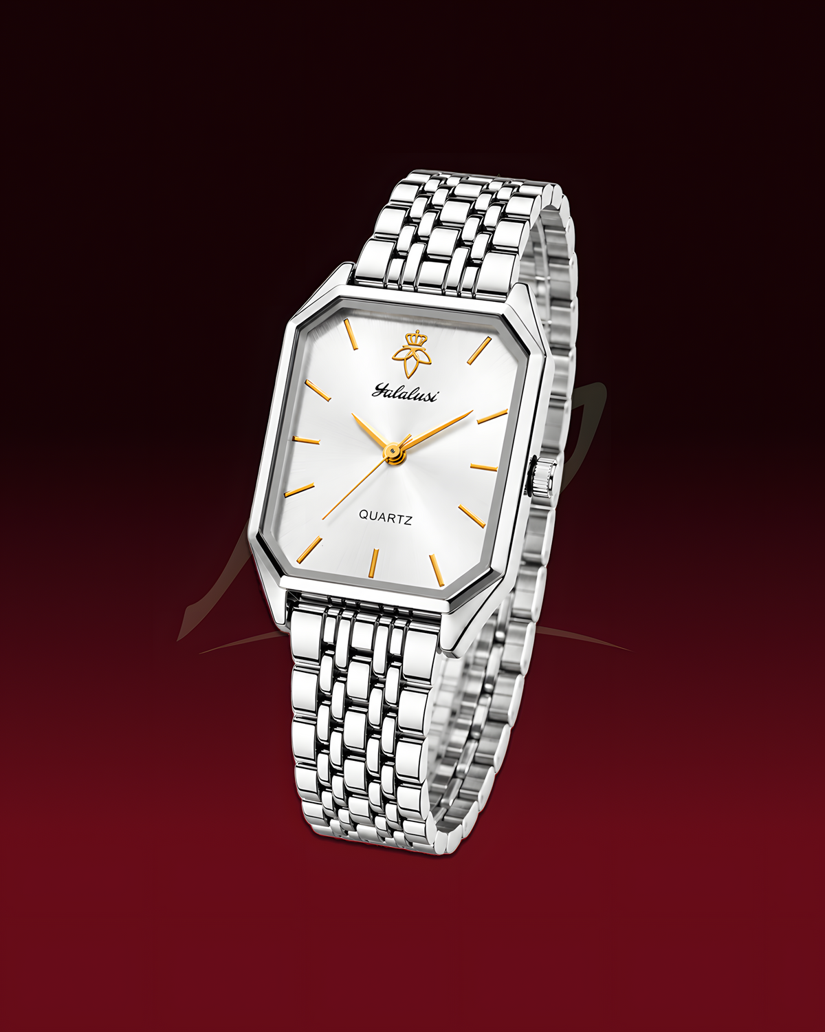 A silver-tone metal link watch with an octagonal bezel, a white dial, and gold-tone hands and markers, shown floating against a dark red gradient background. The brand name 'Mehulax' is visible on the dial.