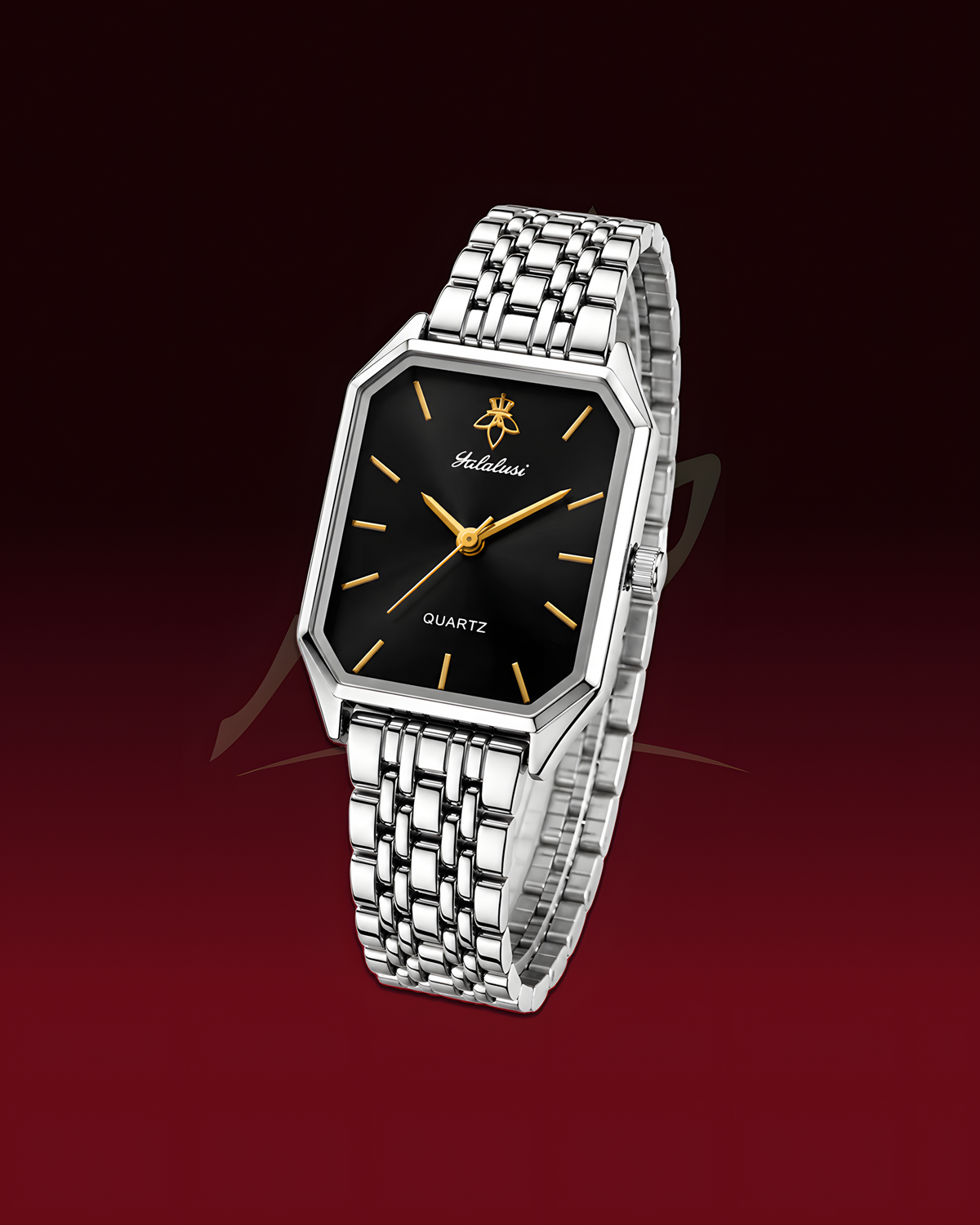 A silver-tone metal link watch with an octagonal black dial and gold hands, shown floating against a dark red gradient background. The dial features the brand name 'Khalilai' and a gold logo.