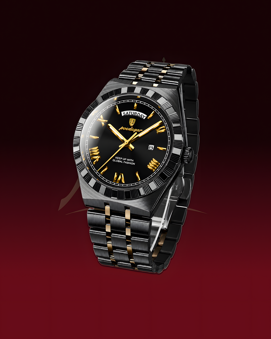 A luxury wristwatch with a black dial, black and gold-tone metal bracelet, and a black bezel with white markings, shown on a dark red gradient background.