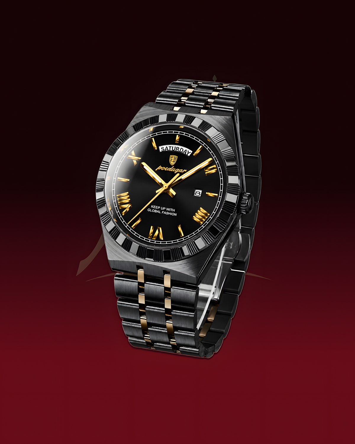 A luxury wristwatch with a black dial, black and gold-tone metal bracelet, and a black bezel with white markings, shown on a dark red gradient background.