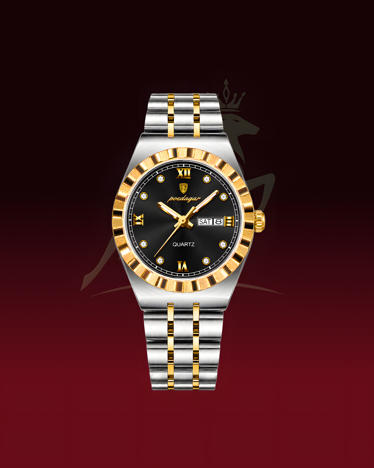 A two-tone stainless steel and gold wristwatch with a black dial, featuring Roman numeral hour markers, a date window, and a matching two-tone link bracelet, centered on a dark red gradient background.