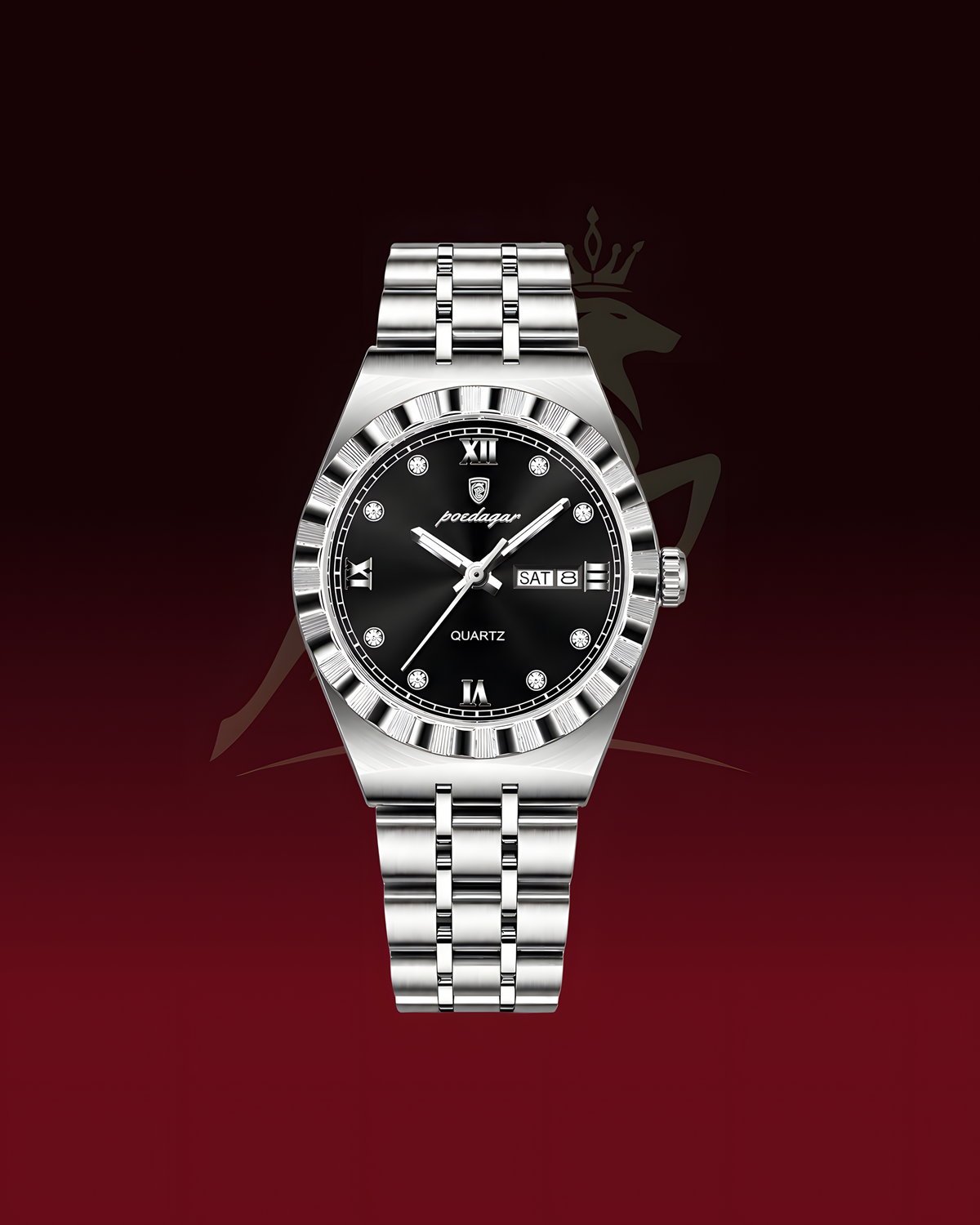 A silver stainless steel watch with a black dial and a black-and-silver bezel, centered on a dark red gradient background with a faint crown emblem.
