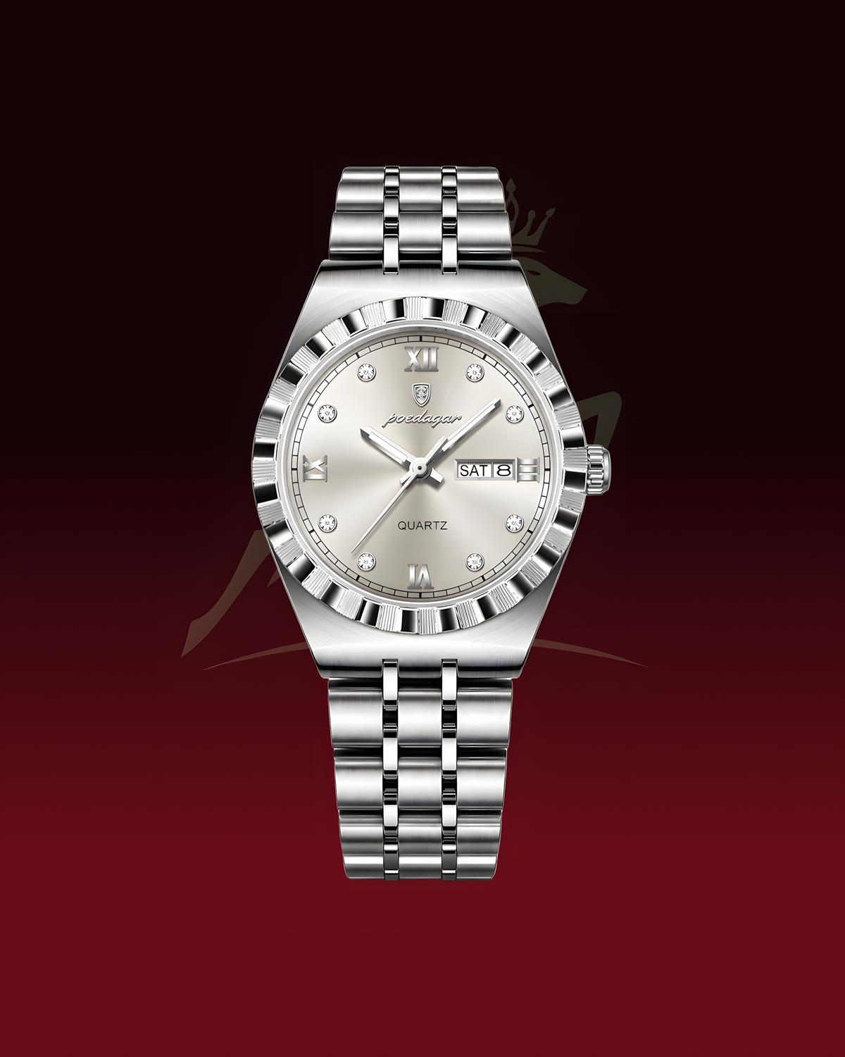 A silver stainless steel wristwatch with a fluted bezel, silver dial, and matching link bracelet, centered on a dark red gradient background.