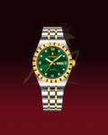 A two-tone stainless steel and gold wristwatch with a green dial, centered on a dark red gradient background. The watch features a gold and silver link bracelet, a gold and silver fluted bezel, and a green dial with gold hands and markers.