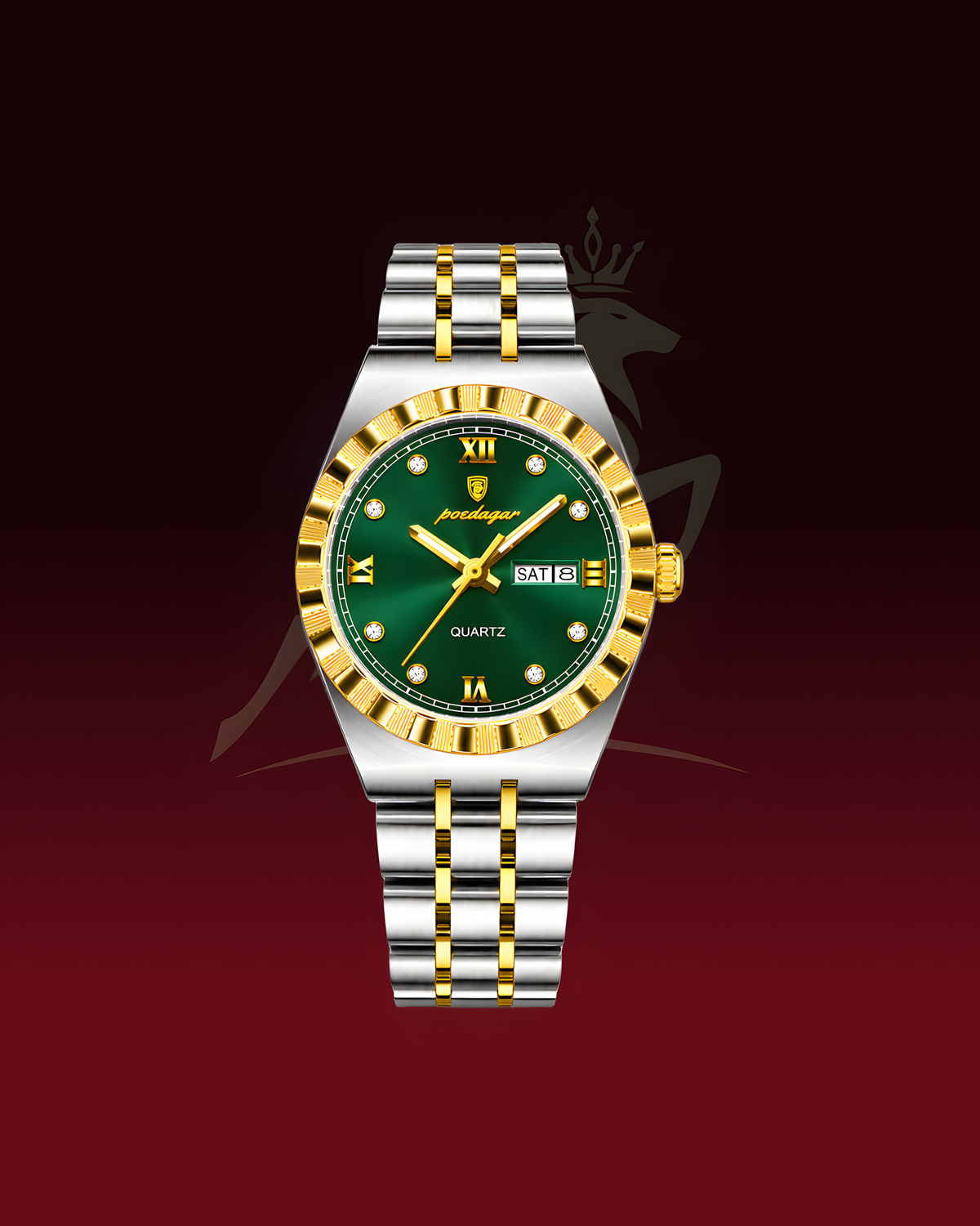 A two-tone stainless steel and gold wristwatch with a green dial, centered on a dark red gradient background. The watch features a gold and silver link bracelet, a gold and silver fluted bezel, and a green dial with gold hands and markers.